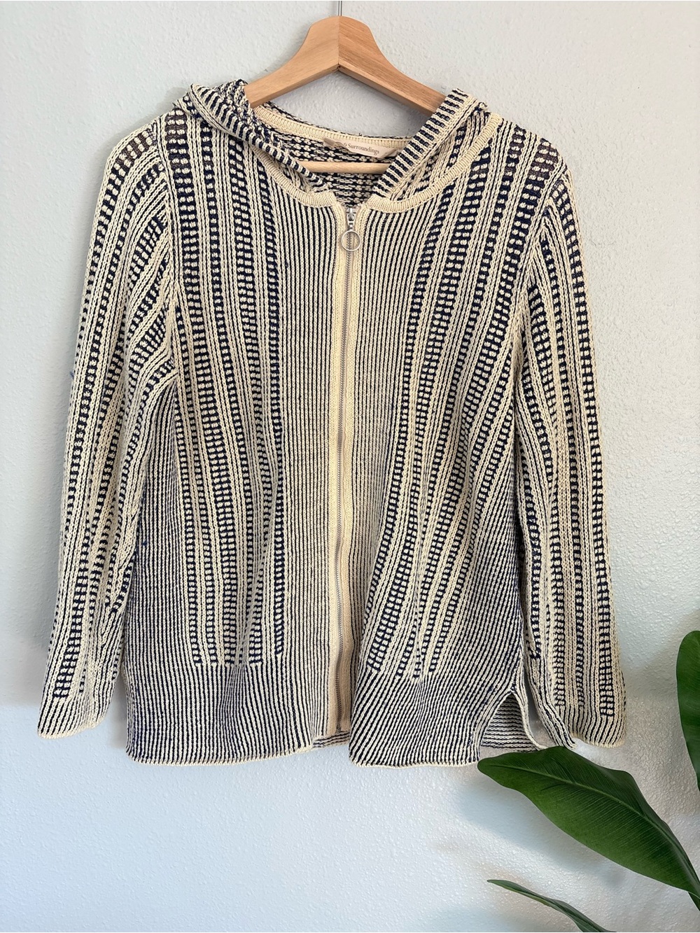 Soft Surroundings Cream and Black Striped Hooded Zip Cardigan